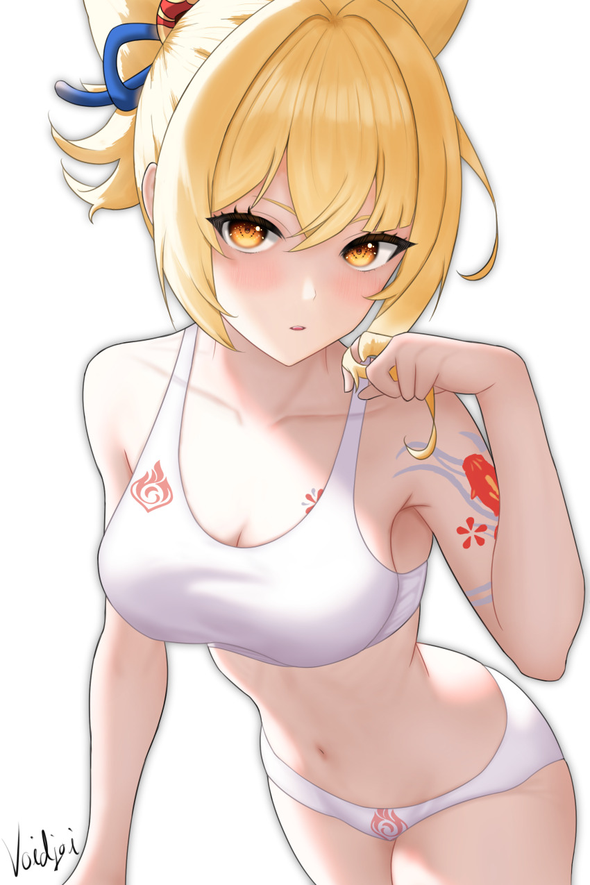 1girl, absurdres, arm_tattoo, armpits, artist_name, bare_arms, bare_shoulders, blonde_hair