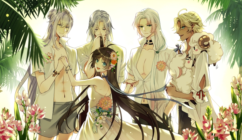 1girl, 4boys, :d, ahoge, alternate_costume, animal, animal_on_shoulder, aqua_eyes