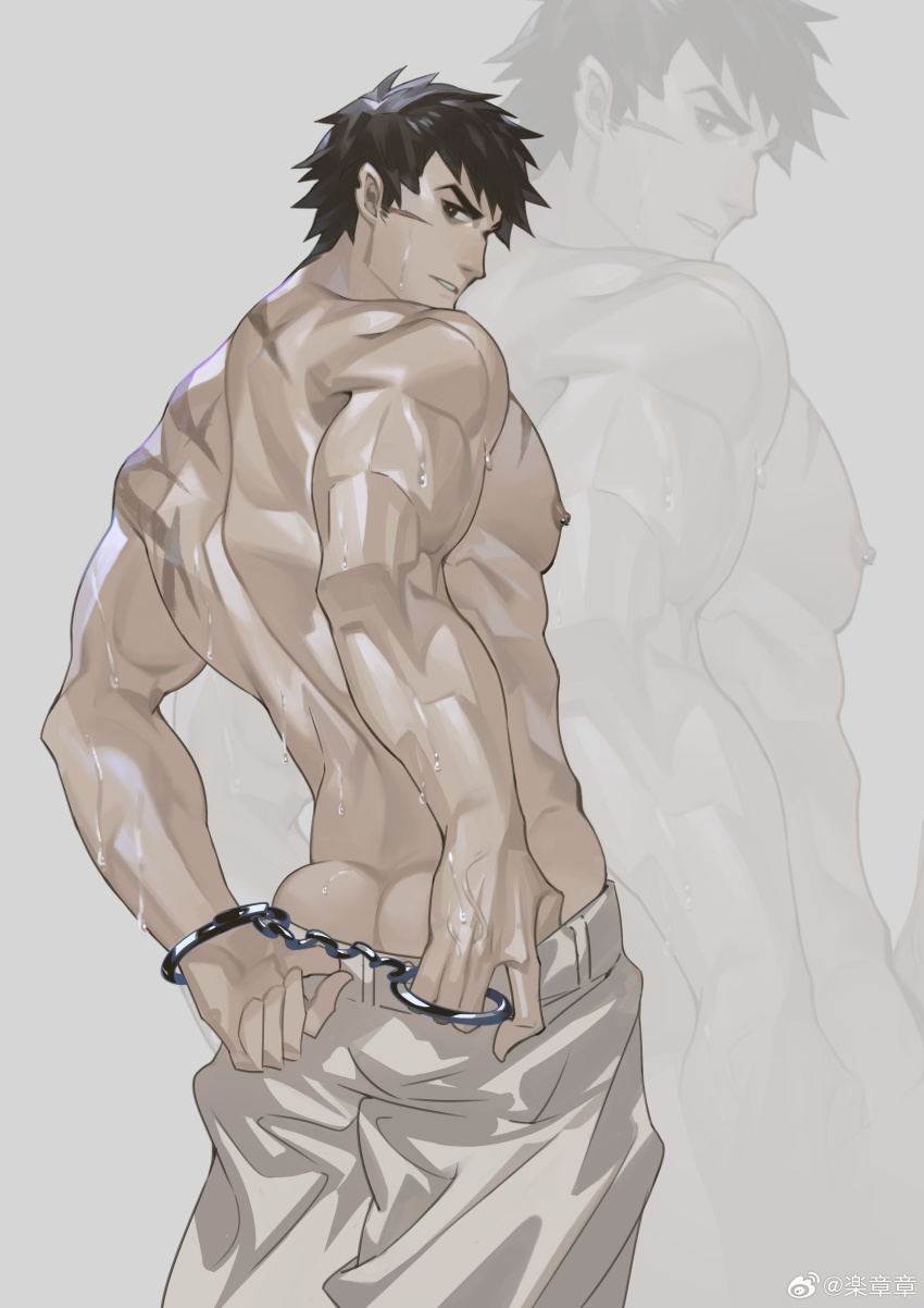 1boy, absurdres, alchemy_stars, arms_behind_back, ass_peek, bara, black_hair, butt_crack