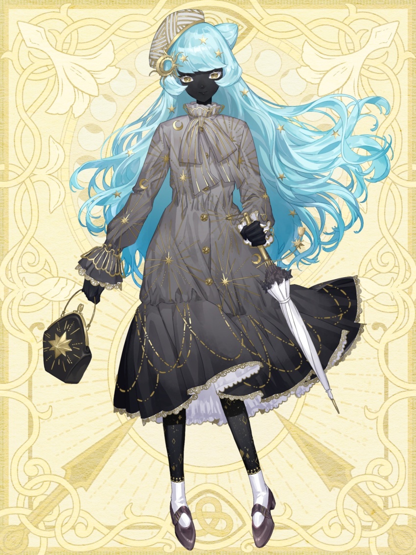 1girl, bag, beret, black_skin, blue_hair, blunt_bangs, bow, bowtie