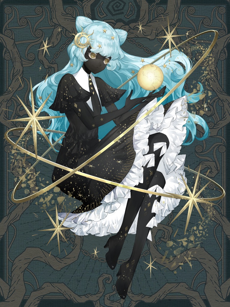 1girl, black_boots, black_dress, black_skin, blue_hair, boots, chain_paradox, closed_mouth