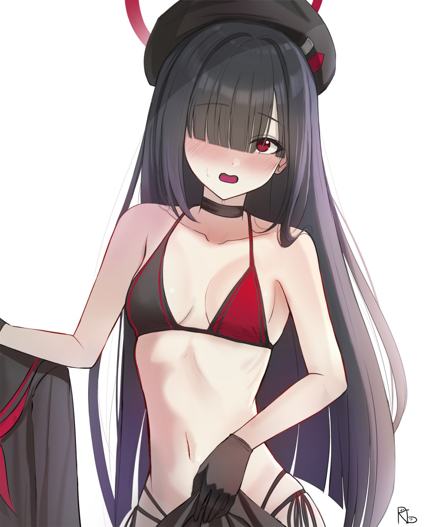 1girl, beret, black_choker, black_gloves, black_hair, black_hat, blue_archive, blush