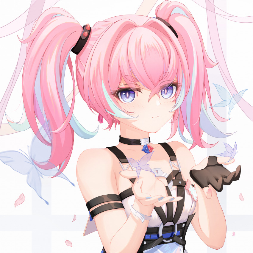 1girl, absurdres, bare_shoulders, black_gloves, blackheart`, blue_butterfly, blue_eyes, blue_hair