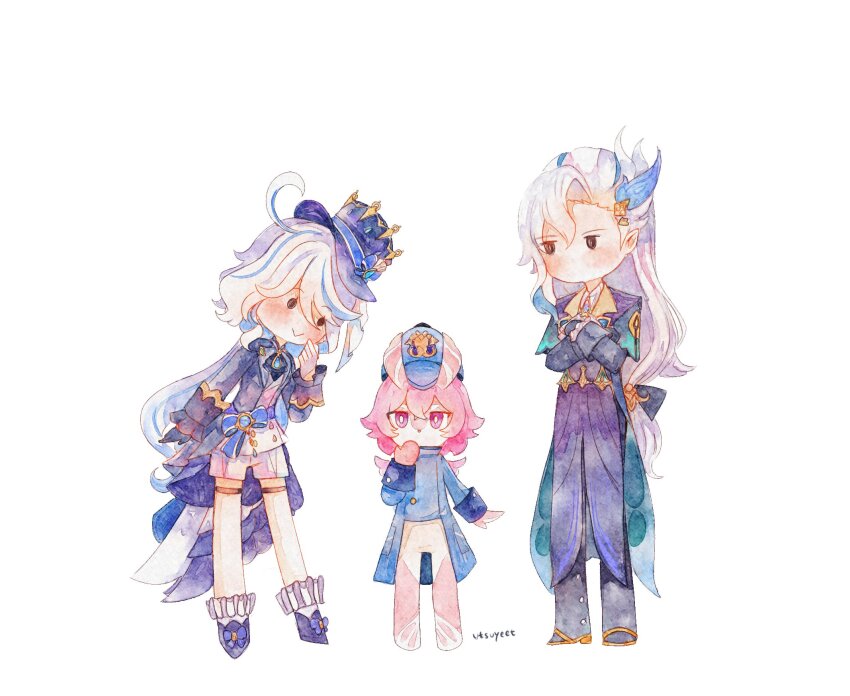 1boy, 2boys, :<, ahoge, blathine_(genshin_impact), blue_bow, blue_coat, blue_footwear, blue_gloves, blue_hair, blue_headwear, bow, chibi, coat, feather_hair_ornament, feathers, furina_(genshin_impact), genshin_impact, gloves, hair_ornament, hat, hat_bow, highres, long_hair, long_sleeves, melusine_(genshin_impact), multicolored_hair, multiple_boys, neuvillette_(genshin_impact), shoes, shorts, simple_background, smile, solid_circle_eyes, streaked_hair, top_hat, utsuyeet, very_long_hair, white_background, white_hair, white_shorts