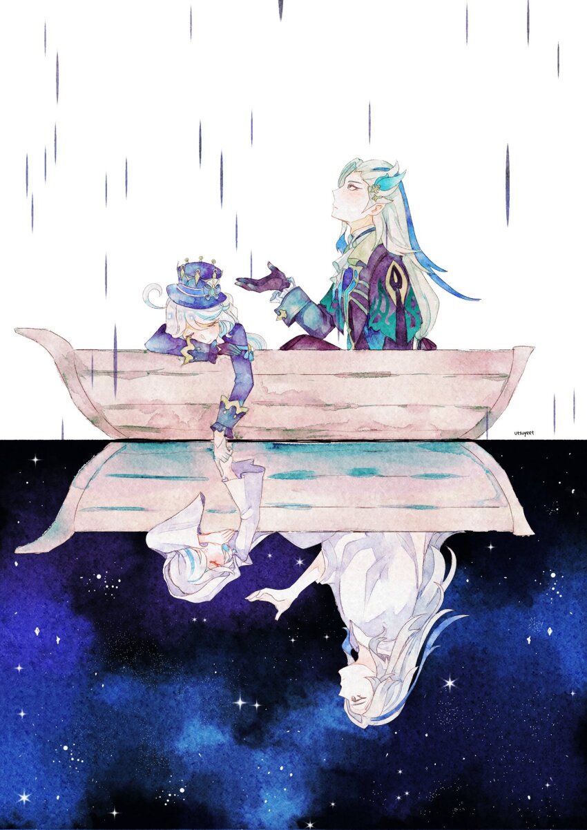 1boy, 1girl, ahoge, antennae, ascot, black_gloves, blue_hair, blue_jacket