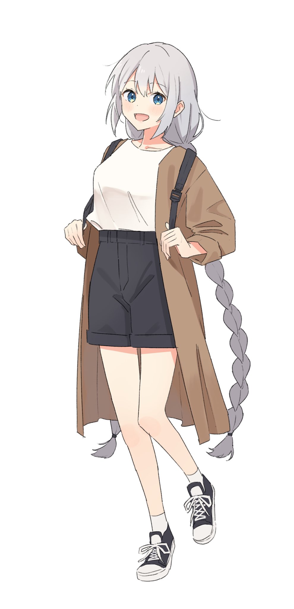 1girl, black_shoes, black_shorts, blue_eyes, braid, brown_jacket, grey_hair, highres