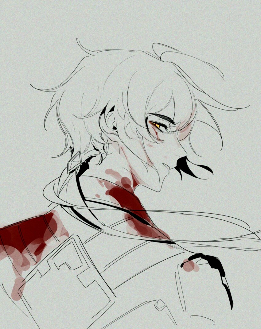 1boy, absurdres, blood, blood_on_clothes, coat, genshin_impact, greyscale, highres