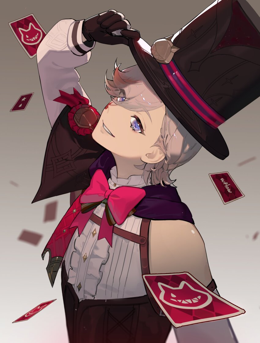 1boy, absurdres, arm_up, bare_shoulders, black_capelet, black_gloves, black_hat, black_leotard