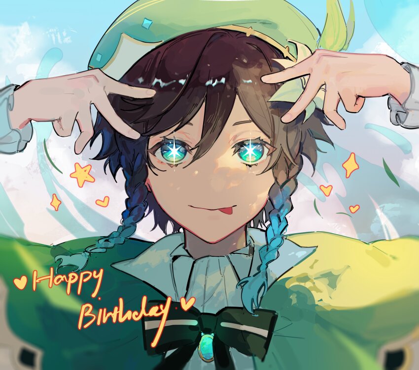 1boy, absurdres, aqua_eyes, aqua_hair, beret, black_bow, black_bowtie, black_hair