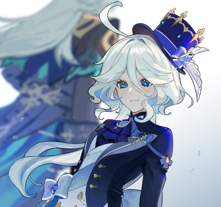 1boy, 1girl, ascot, black_ascot, black_jacket, blue_bow, blue_eyes, blue_gem, blue_hair, blue_headwear, bow, brooch, closed_mouth, drop-shaped_pupils, facing_away, furina_(genshin_impact), gem, genshin_impact, hat, hat_bow, heterochromia, highres, jacket, jewelry, long_hair, looking_at_viewer, low_twintails, multicolored_hair, neuvillette_(genshin_impact), smile, streaked_hair, symbol-shaped_pupils, top_hat, twintails, upper_body, very_long_hair, vest, wfleow, white_hair, white_vest