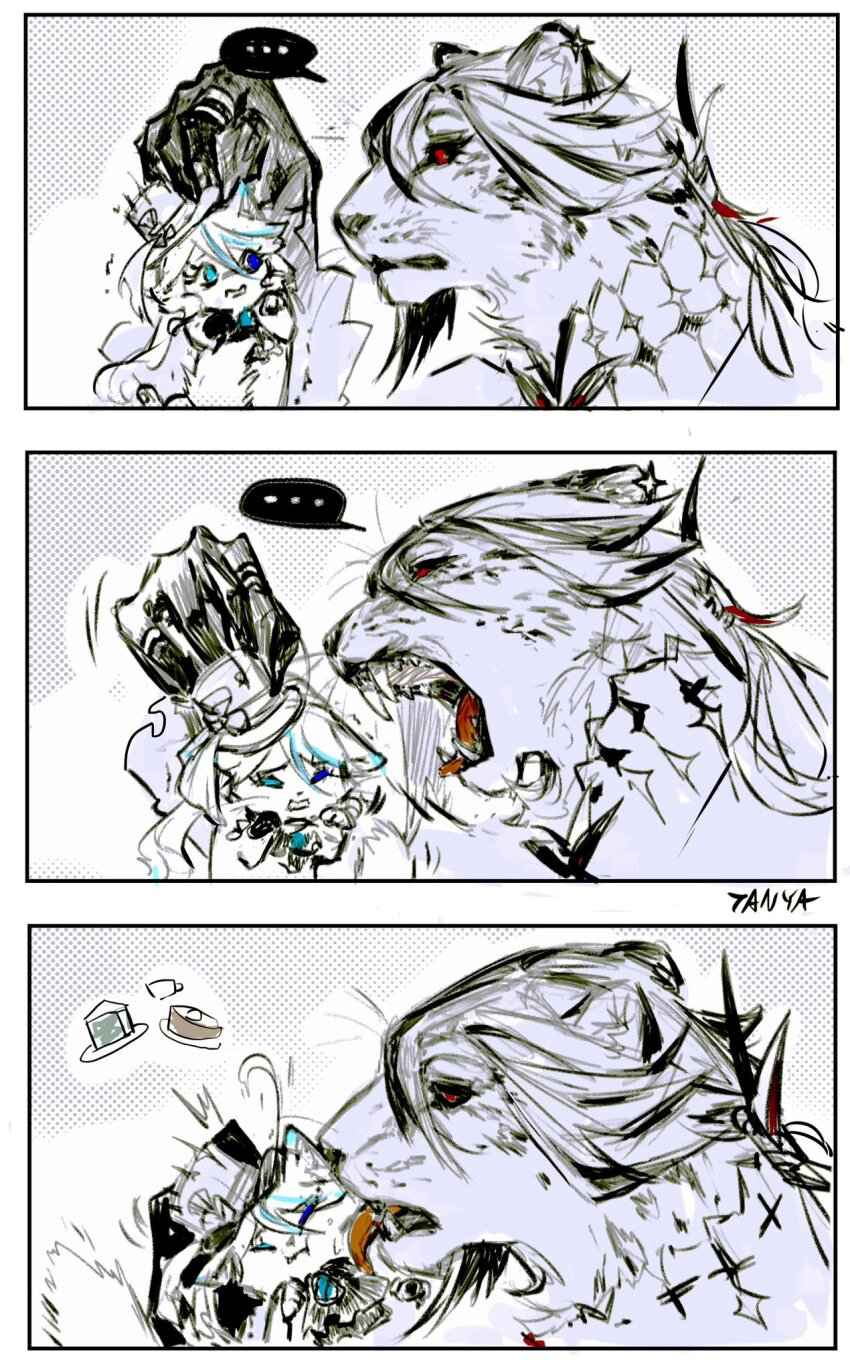 2girls, animal, animalization, arlecchino_(genshin_impact), black_hair, black_sclera, blue_eyes, blue_hair