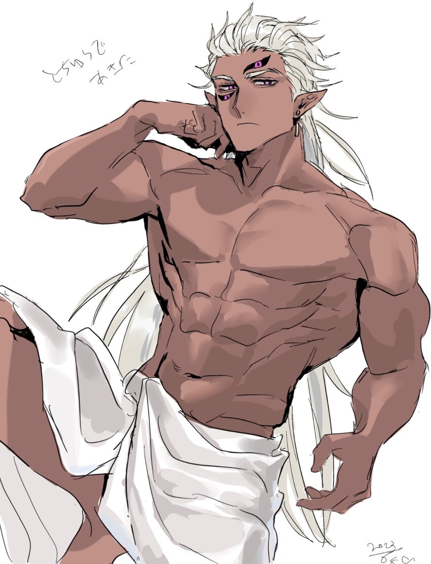 003_ssq, 1boy, abs, bad_id, bad_twitter_id, bara, bored, covering_privates, dark-skinned_male, dark_skin, extra_eyes, feet_out_of_frame, highres, looking_to_the_side, muscular, muscular_male, navel, no_nipples, nude_cover, original, pectorals, pointy_ears, sanpaku, solo, stomach, thick_eyebrows, topless_male, translation_request