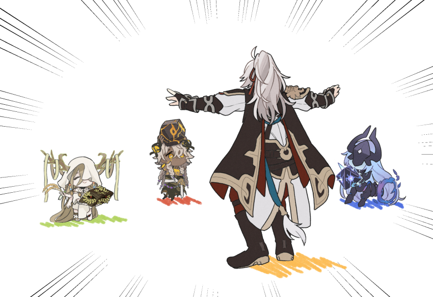 1other, 3boys, black_cape, boots, braid, brown_footwear, brown_hair, cape