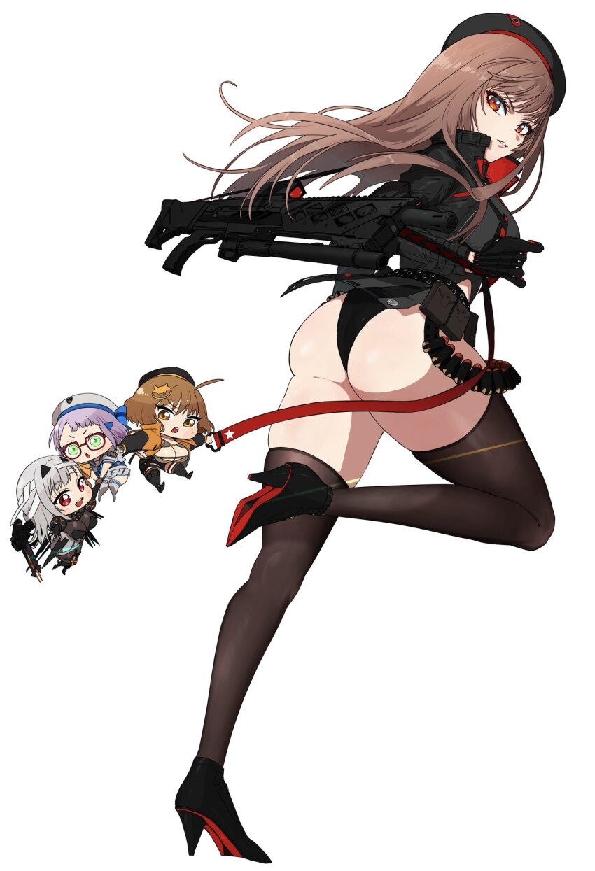 4girls, ammunition_belt, anis_(nikke), arm_pouch, ass, belt_pouch, beret, black_headwear