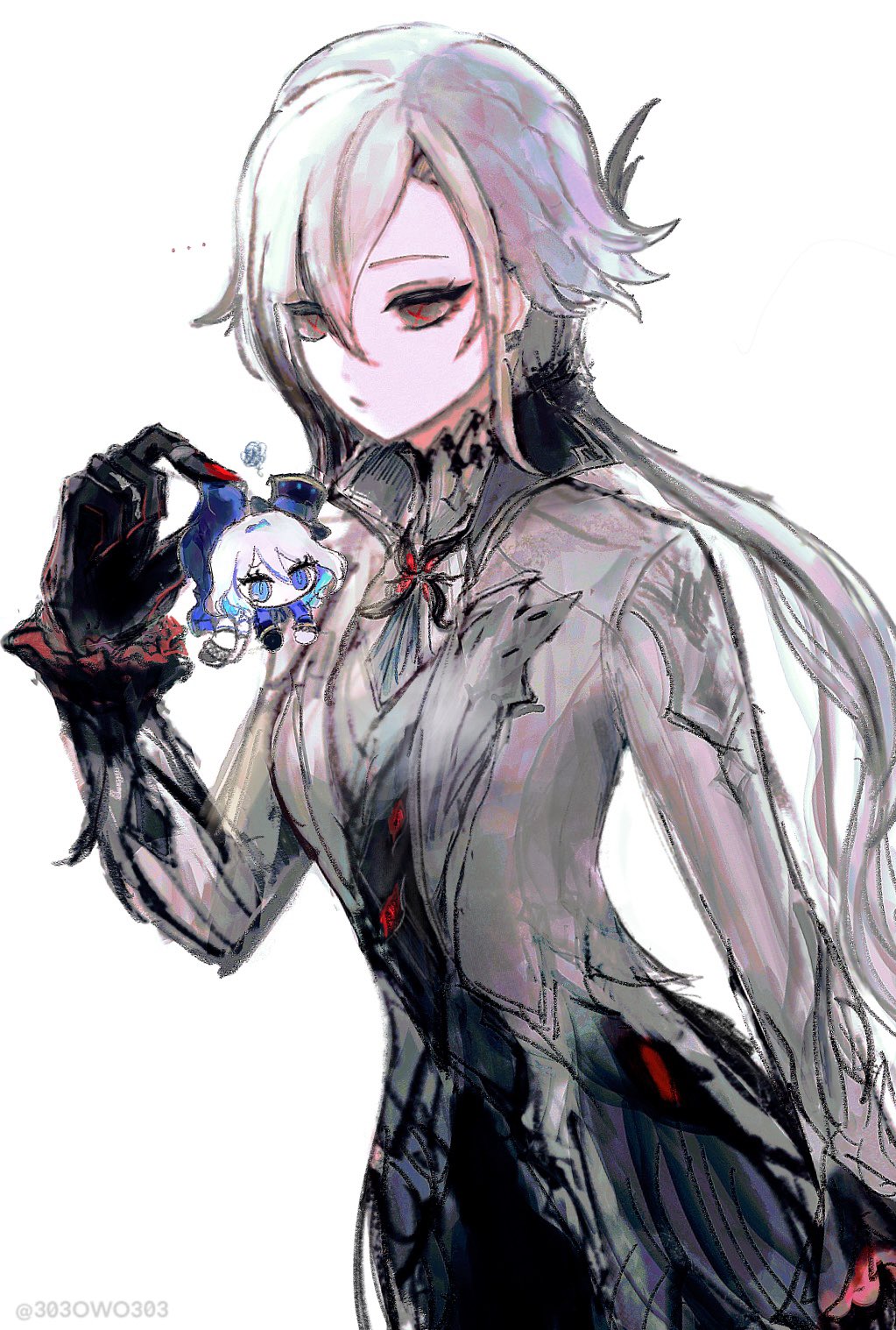 2girls, 303owo303, arlecchino_(genshin_impact), black_gloves, black_hair, blue_eyes, blue_jacket, coat