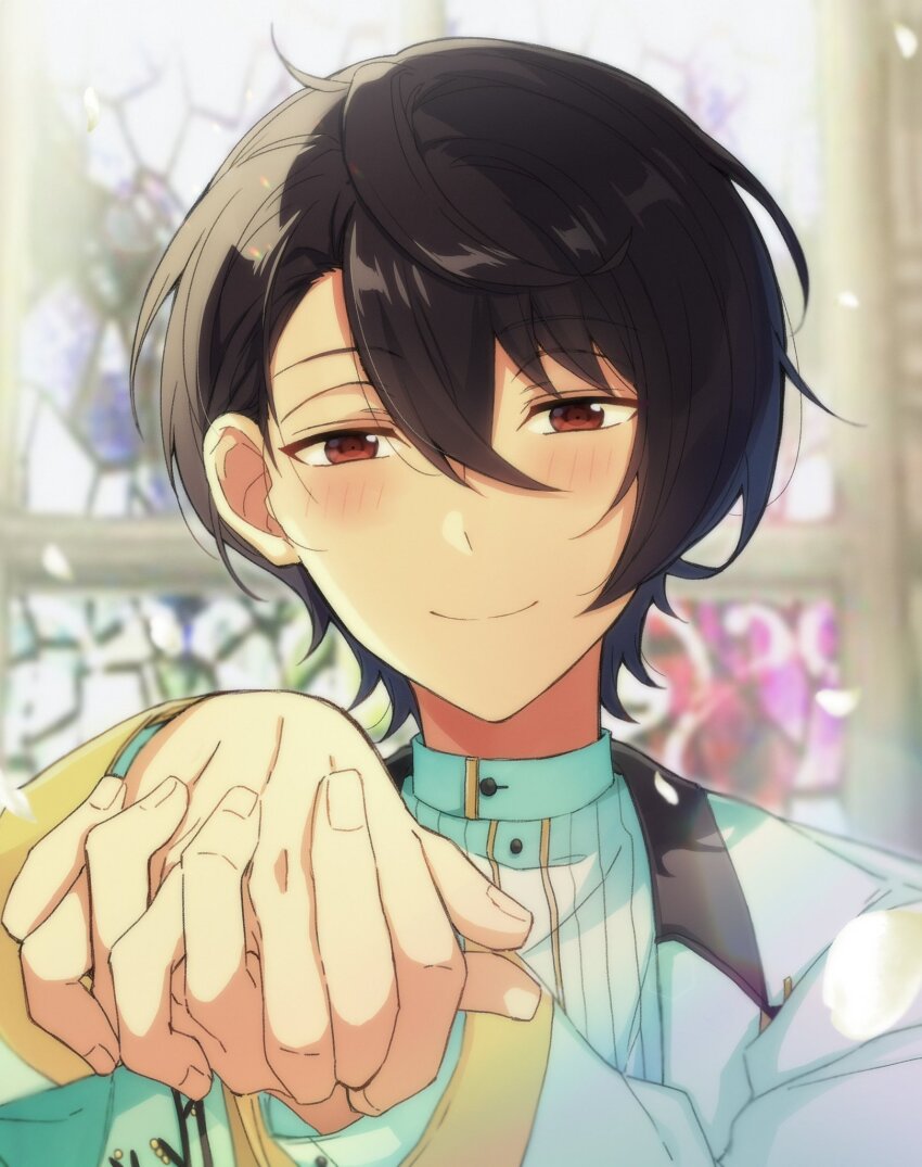 1boy, blush, brown_hair, closed_mouth, ensemble_stars!, highres, holding_hands, jacket