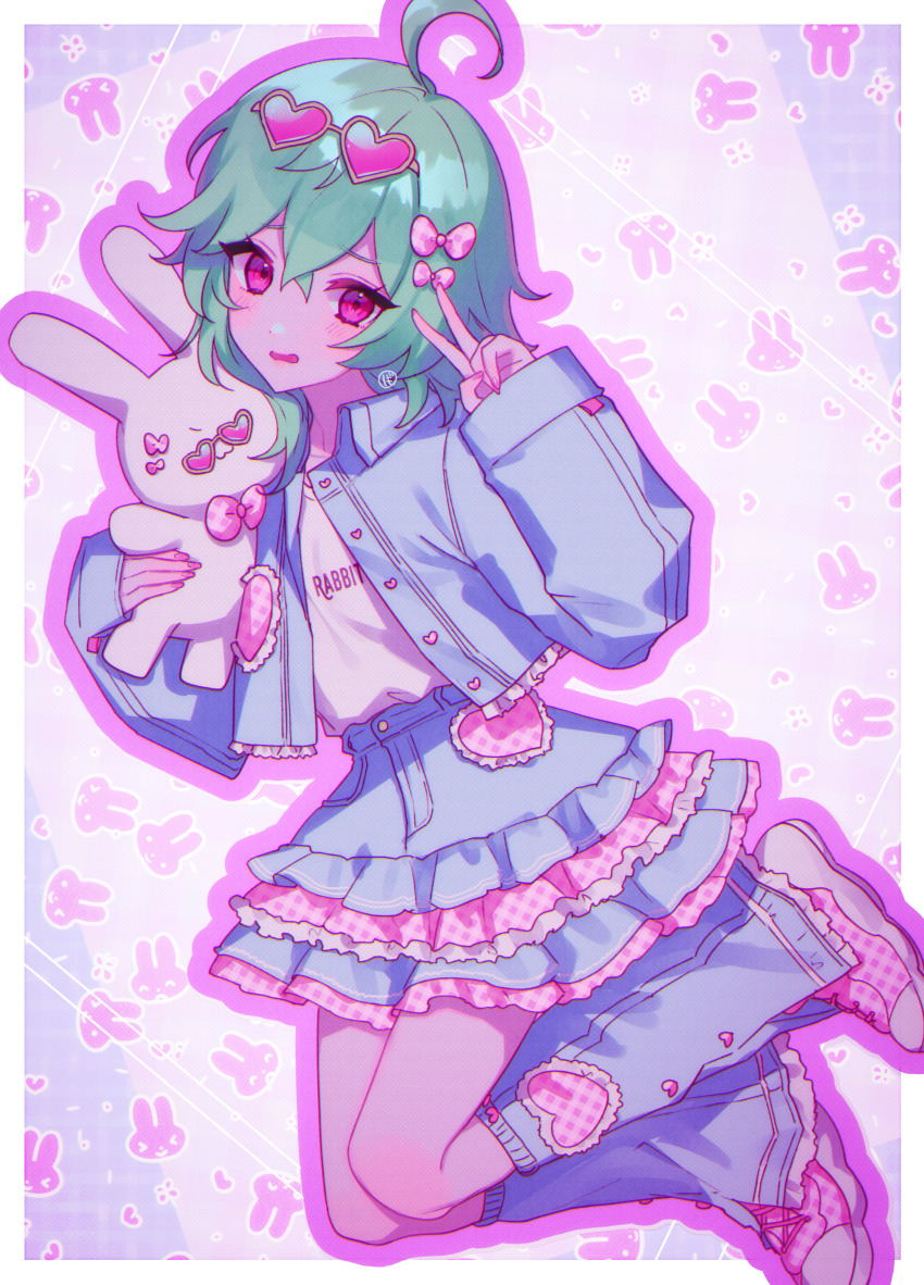 1girl, absurdres, ahoge, blue_jacket, blue_skirt, bow, collei_(genshin_impact), denim