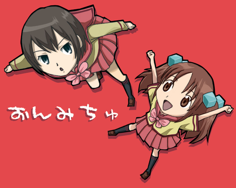 00s, 2girls, arms_up, bow, brown_hair, chibi, chibi_only, cube_hair_ornament