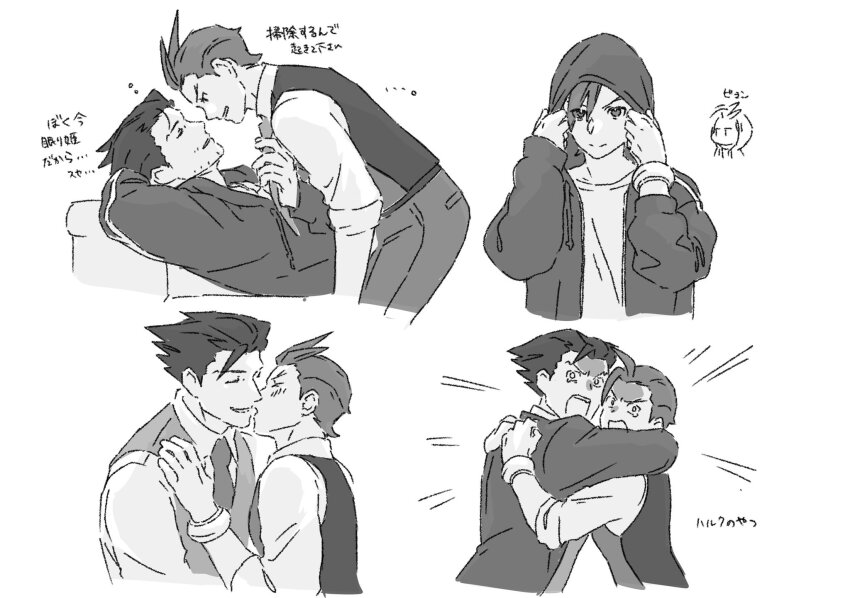 2boys, ace_attorney, annoyed, antenna_hair, apollo_justice, arm_behind_head, beard_stubble, borrowed_clothes