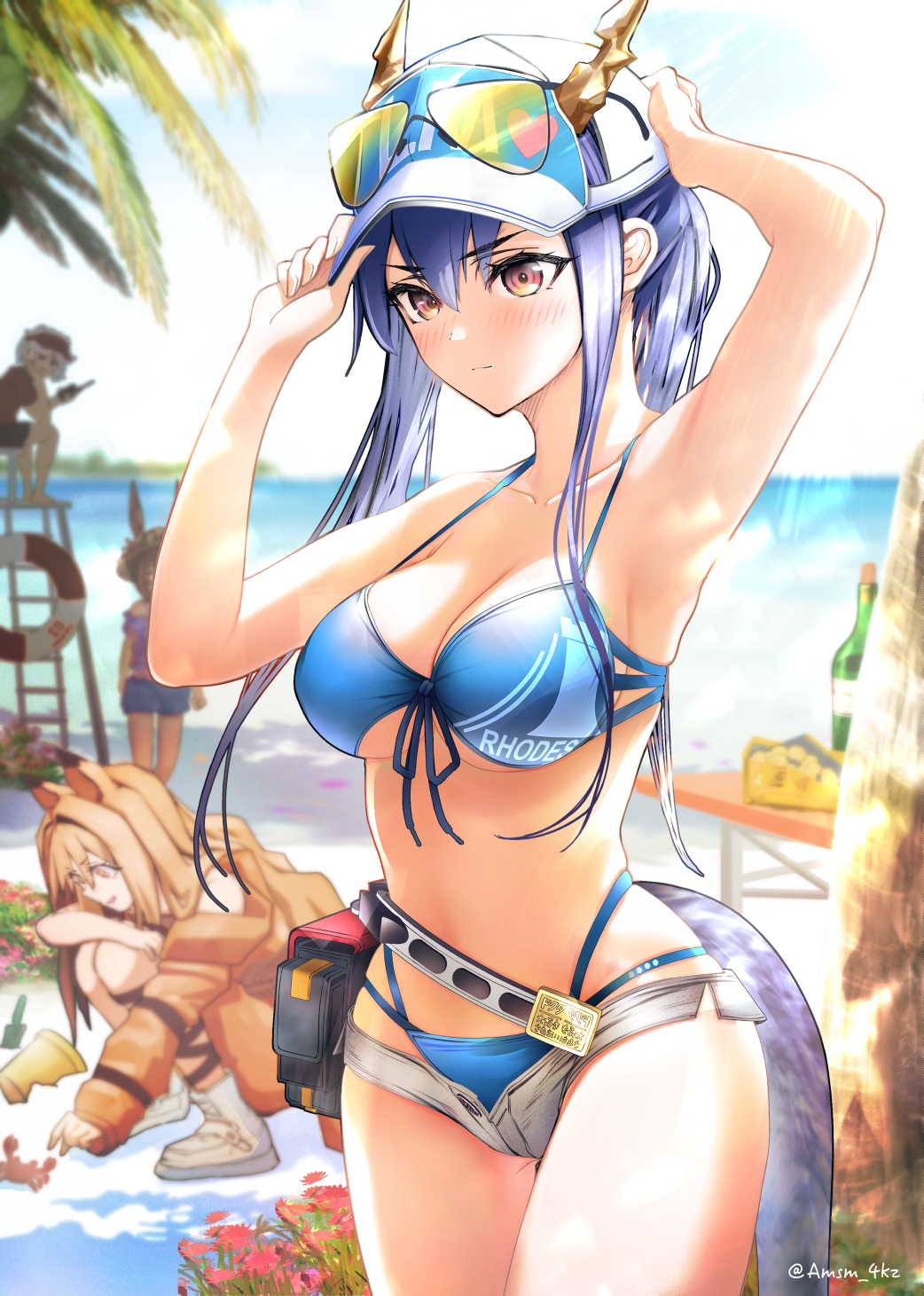 1boy, 3girls, adjusting_clothes, adjusting_headwear, amiya_(arknights), amiya_(swimsuit)_(arknights), animal_ears, arknights, armpits, bare_shoulders, beach, bikini, blue_bikini, blue_hair, blurry, blurry_background, blush, breasts, ceobe_(arknights), ceobe_(summer_flowers)_(arknights), ch'en_(arknights), ch'en_the_holungday_(arknights), ch'en_the_holungday_(elite_ii)_(arknights), chair, closed_mouth, collarbone, commentary_request, cowboy_shot, crab, day, dog_ears, dog_girl, dragon_girl, dragon_horns, dragon_tail, eyewear_on_headwear, female_tourist_a_(arknights), front-tie_bikini_top, front-tie_top, full_body, grey_shorts, hair_between_eyes, highres, horns, horns_through_headwear, jaye_(arknights), jaye_(beach_guard)_(arknights), lifeguard, lifeguard_chair, long_hair, medium_breasts, micro_shorts, multiple_girls, official_alternate_costume, open_clothes, open_mouth, open_shorts, orange_hair, outdoors, palm_tree, red_eyes, red_shirt, rhodes_island_logo_(arknights), shirt, shorts, smile, stomach, swimsuit, tail, thighs, tree, visor_cap, yokaze_(yokajie)