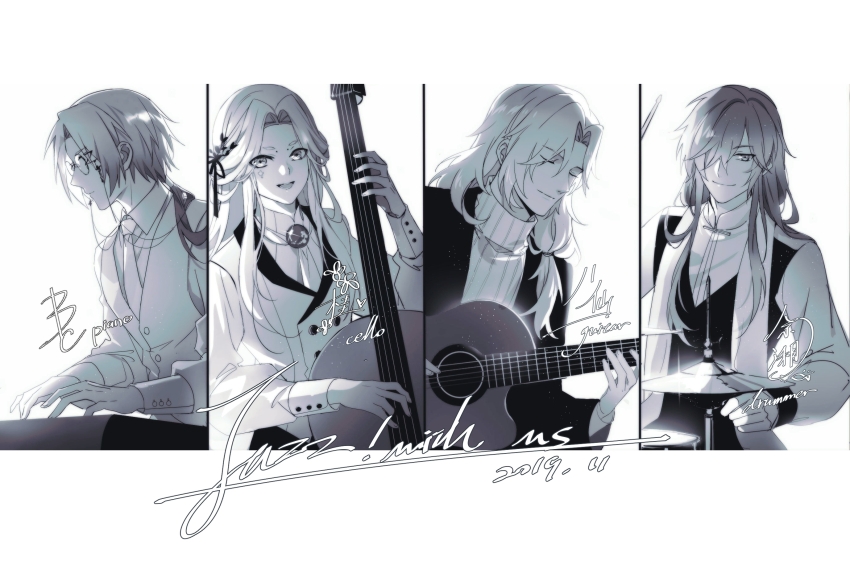 4boys, acoustic_guitar, alternate_costume, border, brooch, cabbage_blossom_(the_tale_of_food), cello, collared_shirt