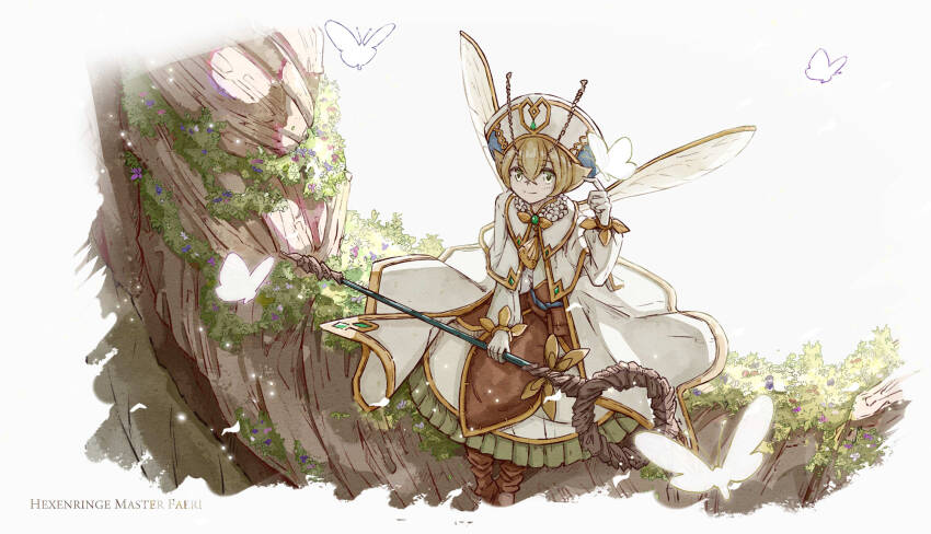 1girl, antennae, blonde_hair, bug, butterfly, capelet, character_name, dress, duel_monster, fairy, fairy_wings, fairyant_the_circular_sorcerer, feet_out_of_frame, frilled_dress, frills, green_eyes, hand_up, hat, highres, holding, holding_staff, index_finger_raised, insect, long_sleeves, puffy_sleeves, short_hair, sitting, smile, solo, staff, tamago_(xyxk3743), white_dress, wings, yu-gi-oh!