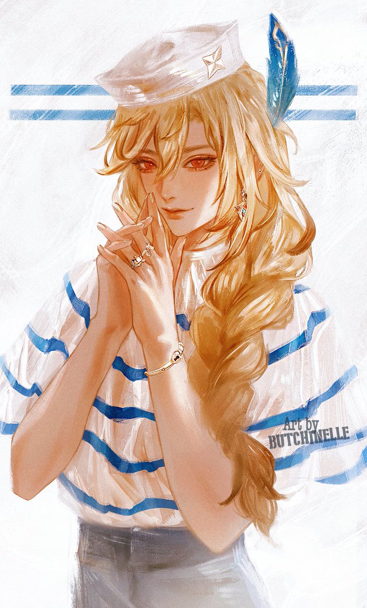 1boy, bishounen, blonde_hair, blue_background, bracelet, braid, butchinelle, cowboy_shot