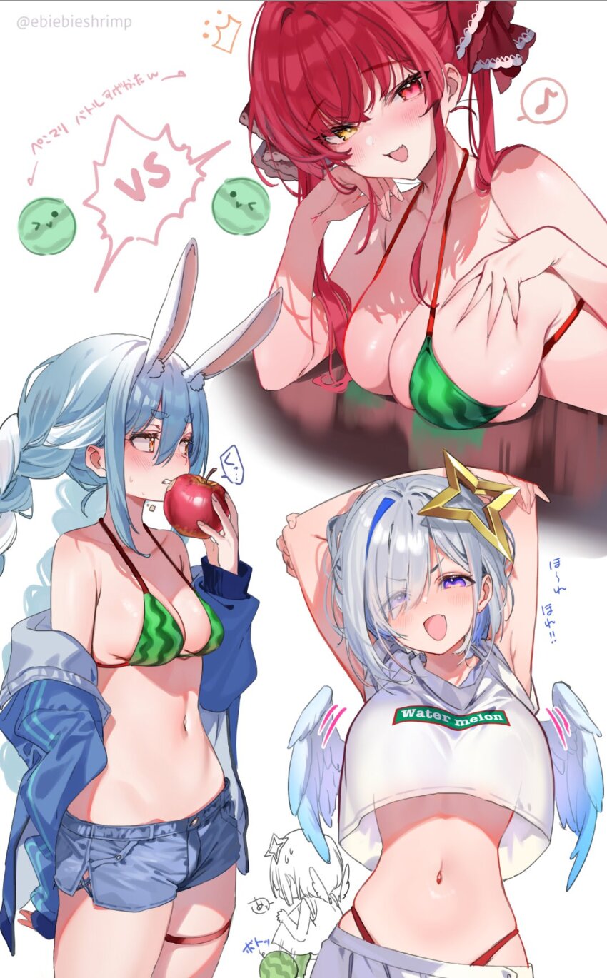 3girls, amane_kanata, angel_wings, animal_ears, apple, bikini, blue_hair, braid
