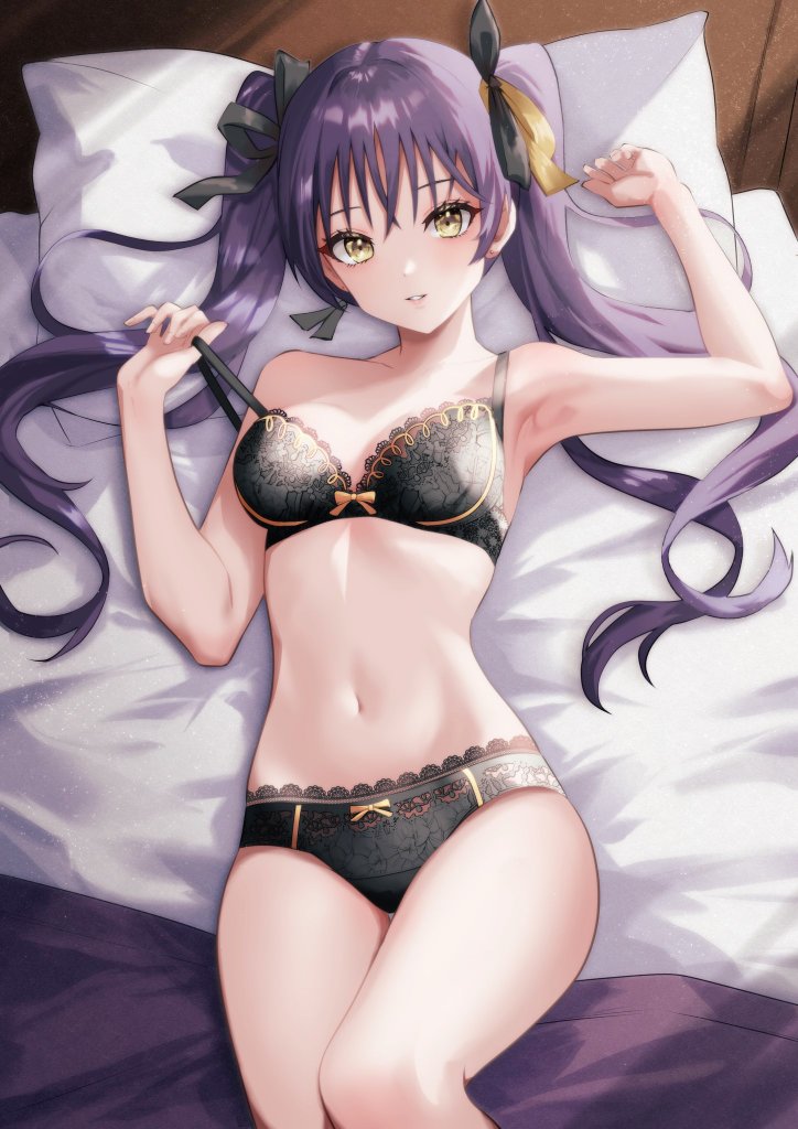 1girl, armpits, assault_lily, bare_arms, bare_shoulders, bed, black_bra, black_panties, black_ribbon, blanket, bow, bow_bra, bow_panties, bra, breasts, commentary, cowboy_shot, hair_between_eyes, hair_ribbon, hair_spread_out, hands_up, hishida_haru, houji_tea_latte, indoors, lace, lace-trimmed_bra, lace-trimmed_panties, lace_trim, light_smile, long_hair, looking_at_viewer, lying, medium_breasts, navel, on_back, on_bed, panties, parted_lips, pillow, pulling_own_clothes, purple_hair, ribbon, solo, stomach, strap_pull, untranslatable_commentary, twintails, underwear, underwear_only, yellow_bow, yellow_eyes
