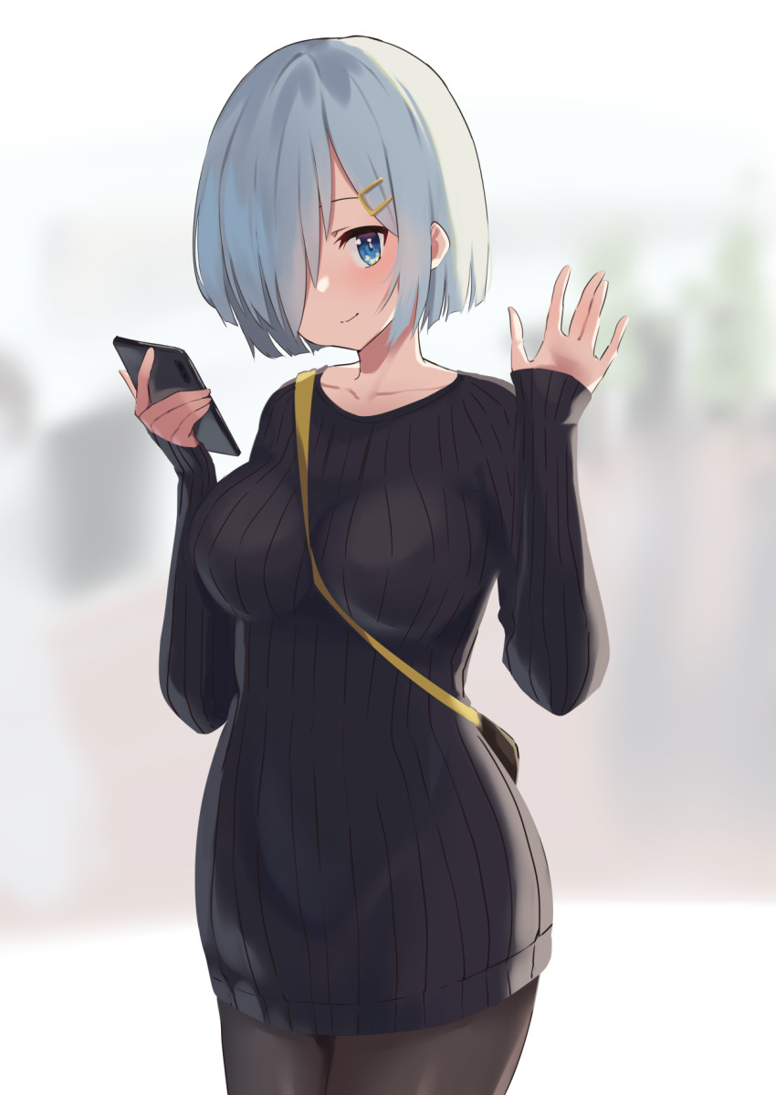 1girl, alternate_costume, black_pantyhose, black_sweater, blue_eyes, breasts, cellphone, cowboy_shot