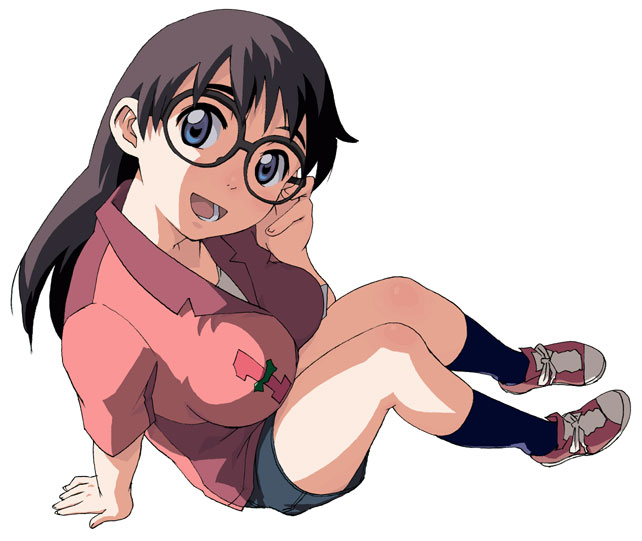 1girl, :d, black_socks, blue_eyes, brown_hair, female_focus, full_body, glasses