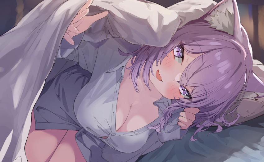 1girl, :3, animal_ear_fluff, animal_ears, bed_sheet, blush, breasts, cat_ears, cat_girl, cleavage, highres, hololive, looking_at_viewer, lying, medium_breasts, meteorboy5, nekomata_okayu, nekomata_okayu_(oversized_shirt), on_bed, on_side, open_mouth, purple_eyes, purple_hair, shirt, solo, virtual_youtuber, white_shirt