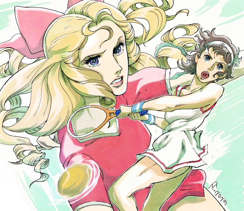 2girls, ace_wo_nerae!, ball, blue_eyes, bow, brown_hair, curly_hair, dated