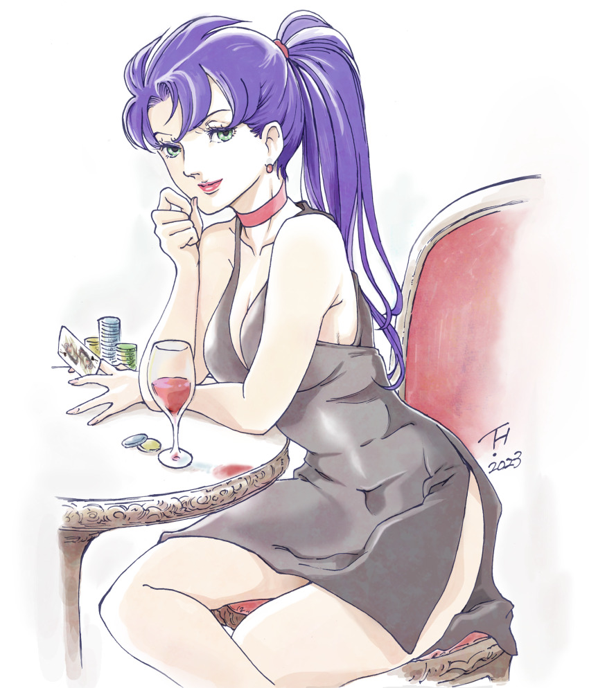 1girl, black_dress, blue_hair, breasts, card, chair, choker, cleavage, crossed_legs, cup, dated, dress, drinking_glass, earrings, green_eyes, highres, jewelry, kikou_ryouhei_mellowlink, kujira_gunsou, lipstick, lulucy_ramon, makeup, medium_breasts, playing_card, poker_chip, ponytail, red_choker, sitting, solo, table, wine_glass