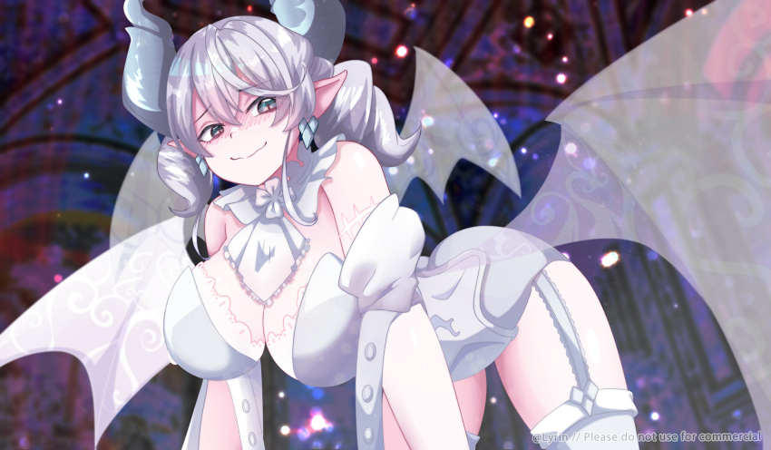 1girl, all_fours, blush, breasts, cleavage, demon_girl, demon_horns, demon_wings