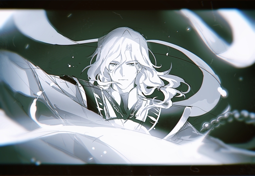 1boy, :|, beads, black_background, black_border, border, chinese_clothes, closed_mouth