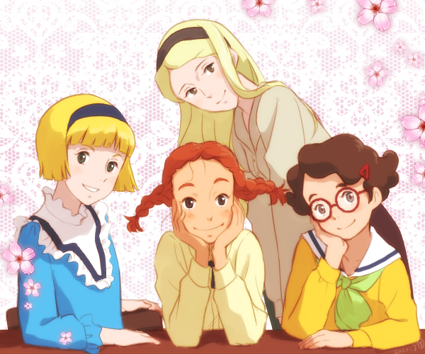 4girls, black_hairband, blonde_hair, blue_shirt, brown_hair, elbows_on_table, hairband, head_rest, judy_abbott, julia_rutledge_pendleton, leonora_fenton, long_hair, multiple_girls, red-framed_eyewear, red_hair, sakai_yume, sally_mcbride, shirt, short_twintails, twintails, watashi_no_ashinaga_ojisan, world_masterpiece_theater, yellow_shirt