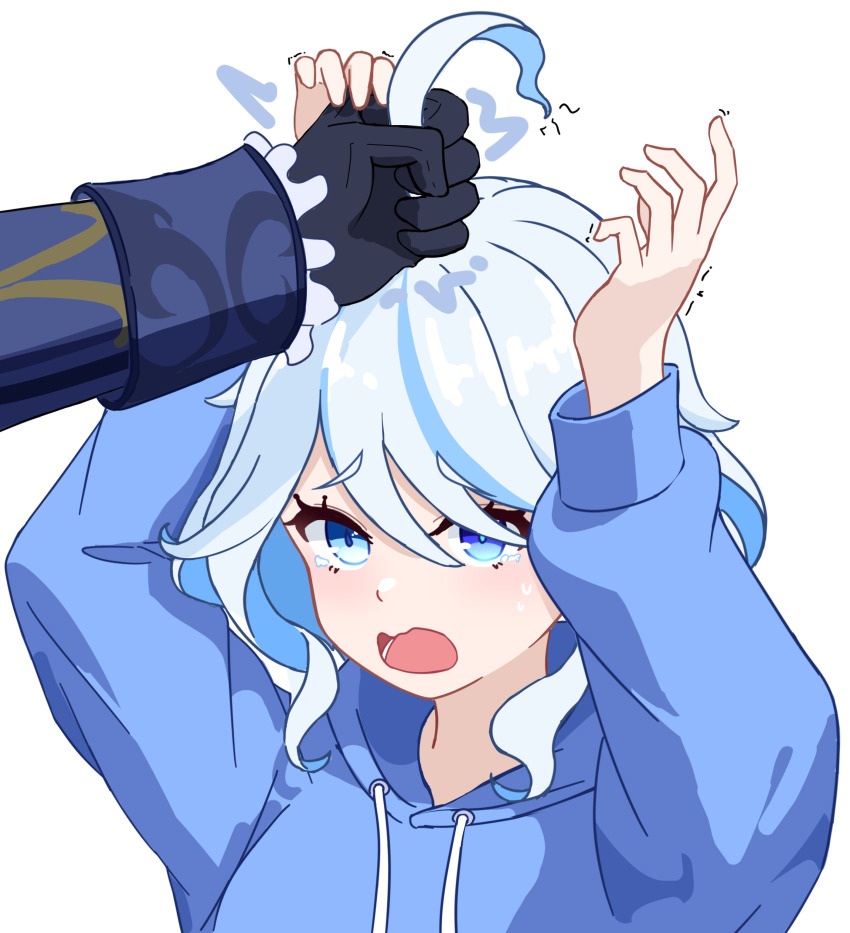 1boy, 1girl, absurdres, ahoge, ahoge_grab, alternate_costume, arms_up, black_gloves, blue_hoodie, drawstring, furina_(genshin_impact), genshin_impact, gloves, highres, hood, hood_down, hoodie, lazyneri, long_sleeves, neuvillette_(genshin_impact), open_mouth, sidelocks, simple_background, white_background