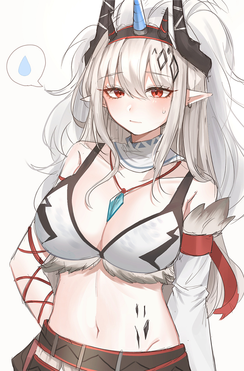 1girl, arknights, bare_shoulders, blush, breasts, cleavage, closed_mouth, commentary, cosplay, grey_background, grey_hair, hair_between_eyes, highres, horns, hyeroin, kirin_(armor), kirin_r_yato_(arknights), kirin_r_yato_(arknights)_(cosplay), large_breasts, long_hair, looking_at_viewer, monster_hunter_(series), mudrock_(arknights), navel, pointy_ears, red_eyes, simple_background, solo, spoken_sweatdrop, sweat, sweatdrop, very_long_hair, yato_(arknights)