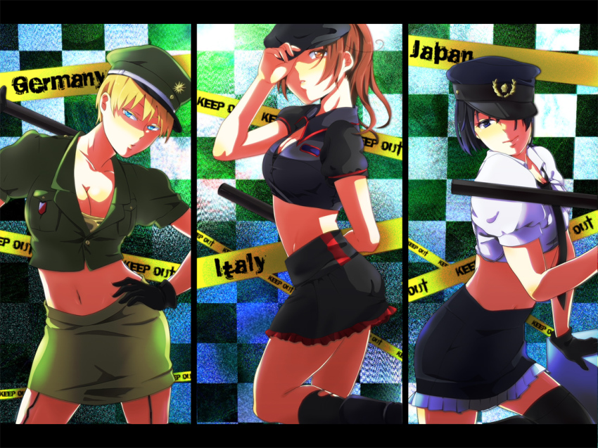 3girls, adapted_uniform, ahoge, axis_powers_hetalia, bad_id, bad_pixiv_id, black_hair, blonde_hair, breasts, brown_hair, caution_tape, cleavage, genderswap, genderswap_(mtf), germany_(female)_(hetalia), germany_(hetalia), hat, japan_(hetalia), keep_out, large_breasts, multiple_girls, navel, northern_italy_(female)_(hetalia), northern_italy_(hetalia), otonashi, police, police_uniform, short_hair, thighhighs