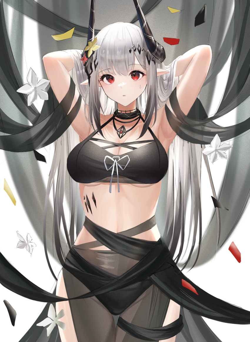 1girl, absurdres, arknights, bikini, black_bikini, black_hair, black_ribbon, black_sarong