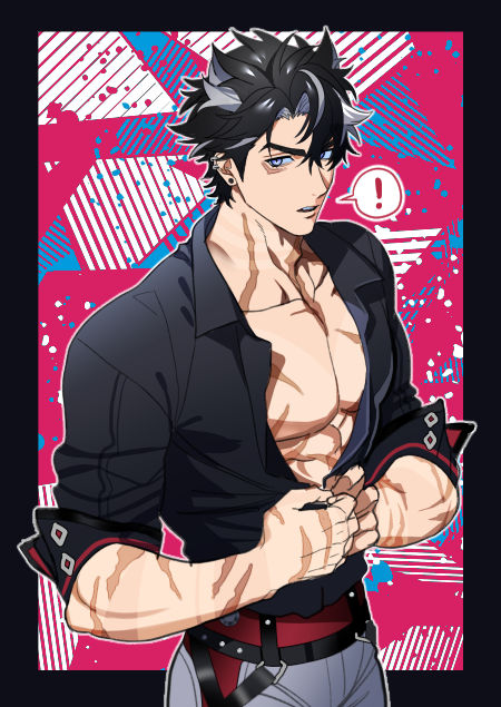!, 1boy, belt, black_belt, black_border, black_hair, black_shirt, blue_background, border, chou_yeon-ju, collarbone, collared_shirt, commentary, ear_piercing, earrings, facial_scar, genshin_impact, grey_hair, grey_pants, hair_between_eyes, jewelry, kwon_haebeom, looking_at_viewer, male_focus, multicolored_hair, onegingek, open_clothes, open_mouth, open_shirt, our_sunny_days, outside_border, pants, parted_bangs, partially_unbuttoned, pectorals, piercing, pink_background, purple_eyes, scar, scar_on_arm, scar_on_cheek, scar_on_chest, scar_on_face, scar_on_neck, scars_all_over, shirt, short_hair, short_sleeves, simple_background, solo, speech_bubble, spoken_exclamation_mark, streaked_hair, stud_earrings, sung_ho, untranslatable_commentary, teeth, too_many, unknown_seong, upper_teeth_only, v-shaped_eyebrows, white_background, wriothesley_(genshin_impact)