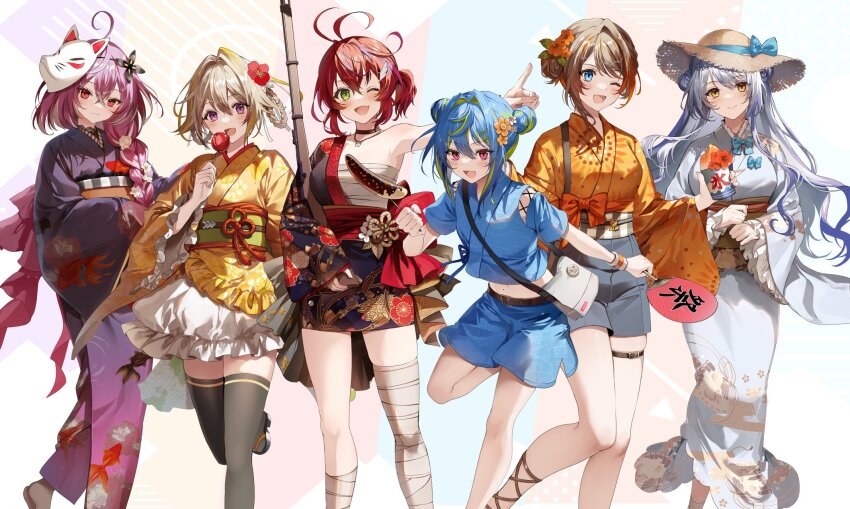 6+girls, :d, ahoge, akane_canna, antenna_hair, asymmetrical_hair, asymmetrical_sidelocks, bag