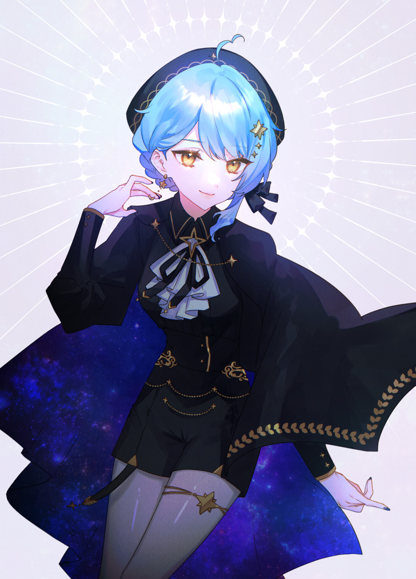 1girl, absurdres, ahoge, ascot, black_cape, black_pants, blue_hair, blue_headwear