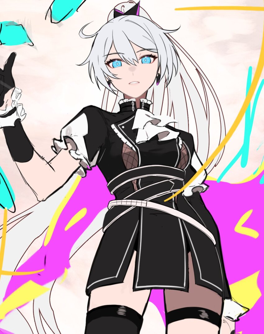 1girl, ahoge, blue_eyes, cosplay, cowboy_shot, earrings, expressionless, hair_between_eyes