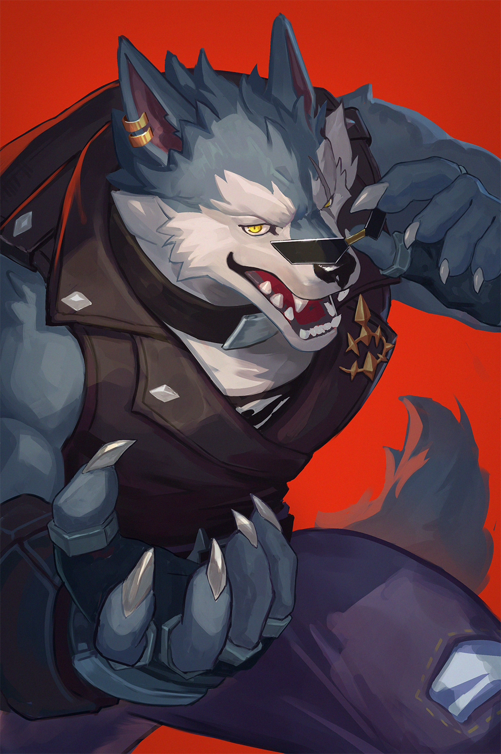 1boy, black_vest, blue_fur, blue_pants, claws, collar, dislyte, earrings