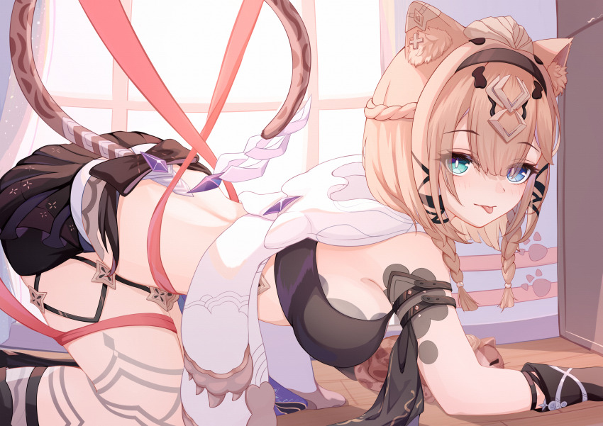 1girl, :p, absurdres, all_fours, animal_ear_fluff, animal_ears, bare_shoulders, bikini, bikini_top_only, black_bikini, black_gloves, black_shorts, black_skirt, blackheart`, blue_eyes, blush, braid, breasts, brown_hair, can_(honkai_impact), cat, cat_ears, cat_girl, cat_tail, chinese_commentary, commentary, commentary_request, gloves, green_eyes, hair_between_eyes, hairband, heterochromia, highres, honkai_(series), honkai_impact_3rd, looking_at_viewer, medium_breasts, medium_hair, miniskirt, pardofelis, pardofelis_(reverist_calico), ribbon, shorts, skirt, smile, solo, swimsuit, tail, thighs, tongue, tongue_out, window