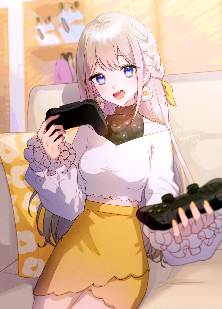 1girl, absurdres, blonde_hair, blue_eyes, breasts, commission, controller, couch
