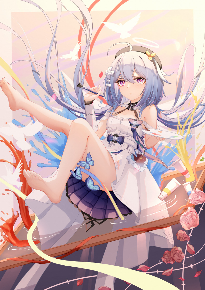 1girl, absurdres, ahoge, bare_shoulders, barefoot, beret, blackheart`, blue_butterfly, blue_hair, bug, butterfly, chinese_commentary, closed_mouth, commentary, commentary_request, dress, feet, flower, full_body, griseo, griseo_(starry_impression), hair_between_eyes, hair_ornament, hat, highres, holding, holding_brush, holding_paintbrush, honkai_(series), honkai_impact_3rd, insect, long_hair, looking_at_viewer, paintbrush, paint_palette, purple_eyes, rose, soles, solo, toes, twintails, white_dress