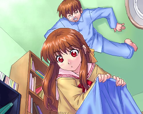 00s, 1boy, 1girl, lowres, nagamori_mizuka, nose_bubble, oekaki, one_-_kagayaku_kisetsu_e